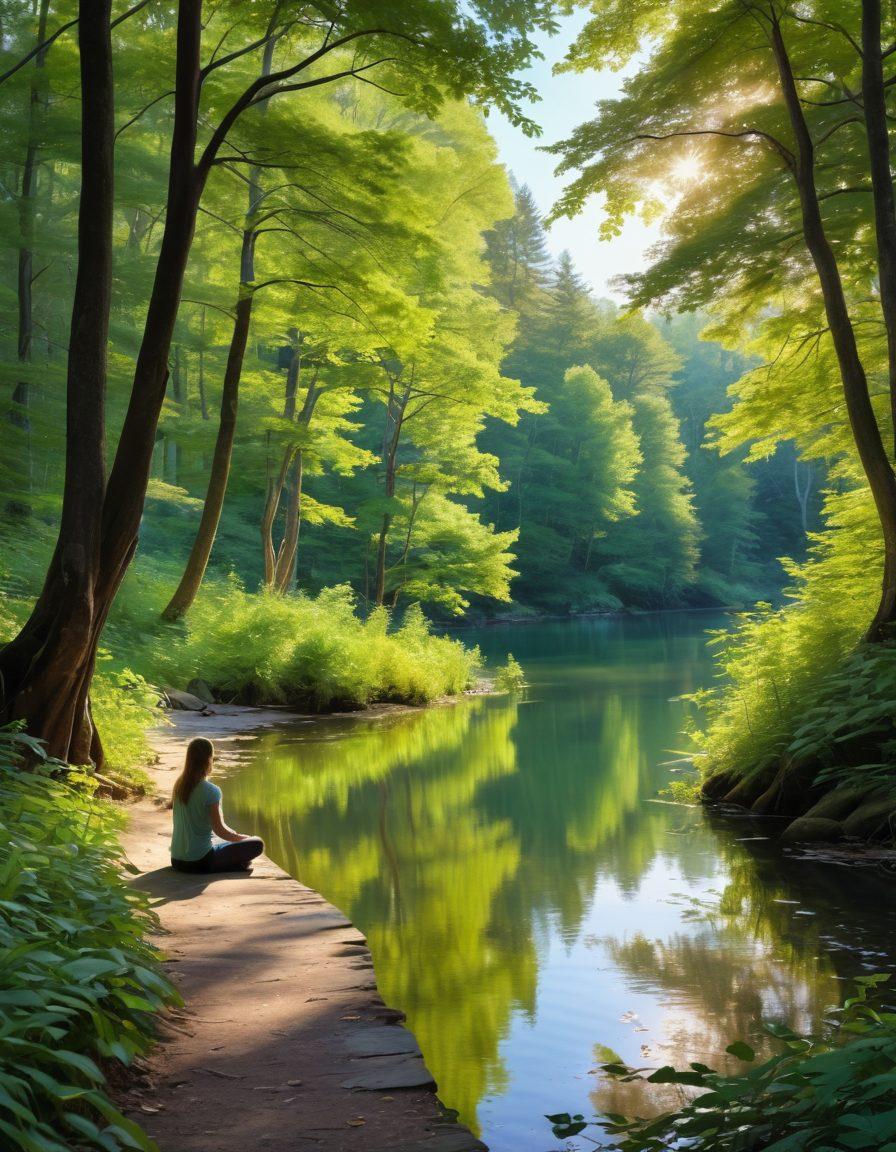 A serene path winding through a lush green forest, with gentle rays of sunlight filtering through the leaves, symbolizing growth and inner peace. A silhouette meditating on a clear, calm lake, embodying tranquility and emotional balance. Soft pastel colors enhance the feeling of joy and wellness. surreal style. vibrant colors. natural elements.