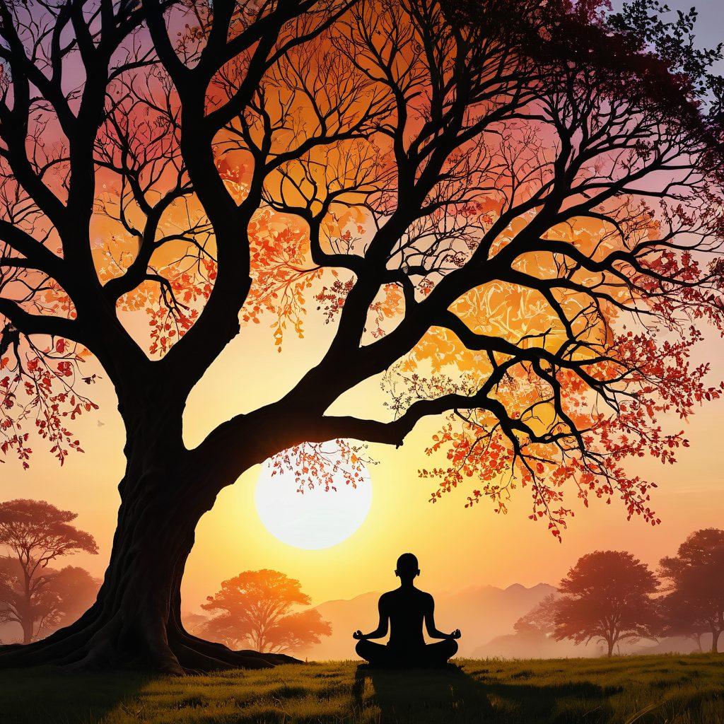 A serene landscape featuring a silhouette of a person meditating under a large, flourishing tree, with colorful leaves representing different emotions like joy, peace, and calm. In the background, a soft sunset creates a soothing atmosphere, while delicate butterflies symbolize growth and transformation. The scene radiates warmth and positivity, inviting the viewer to reflect on their emotional journey. super-realistic. vibrant colors. peaceful ambiance.