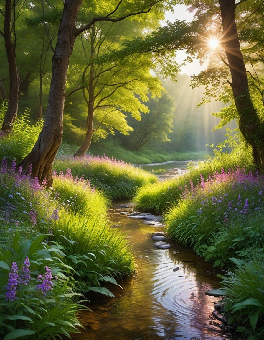 A serene landscape showcasing a person meditating in a sunlit forest, surrounded by lush greenery and colorful flowers, symbolizing tranquility and self-care. Include soft beams of sunlight filtering through the trees, and a gentle stream flowing nearby, enhancing the sense of peace and psychological well-being. Reflective and calming colors dominate the scene. super-realistic. vibrant colors. nature-inspired.